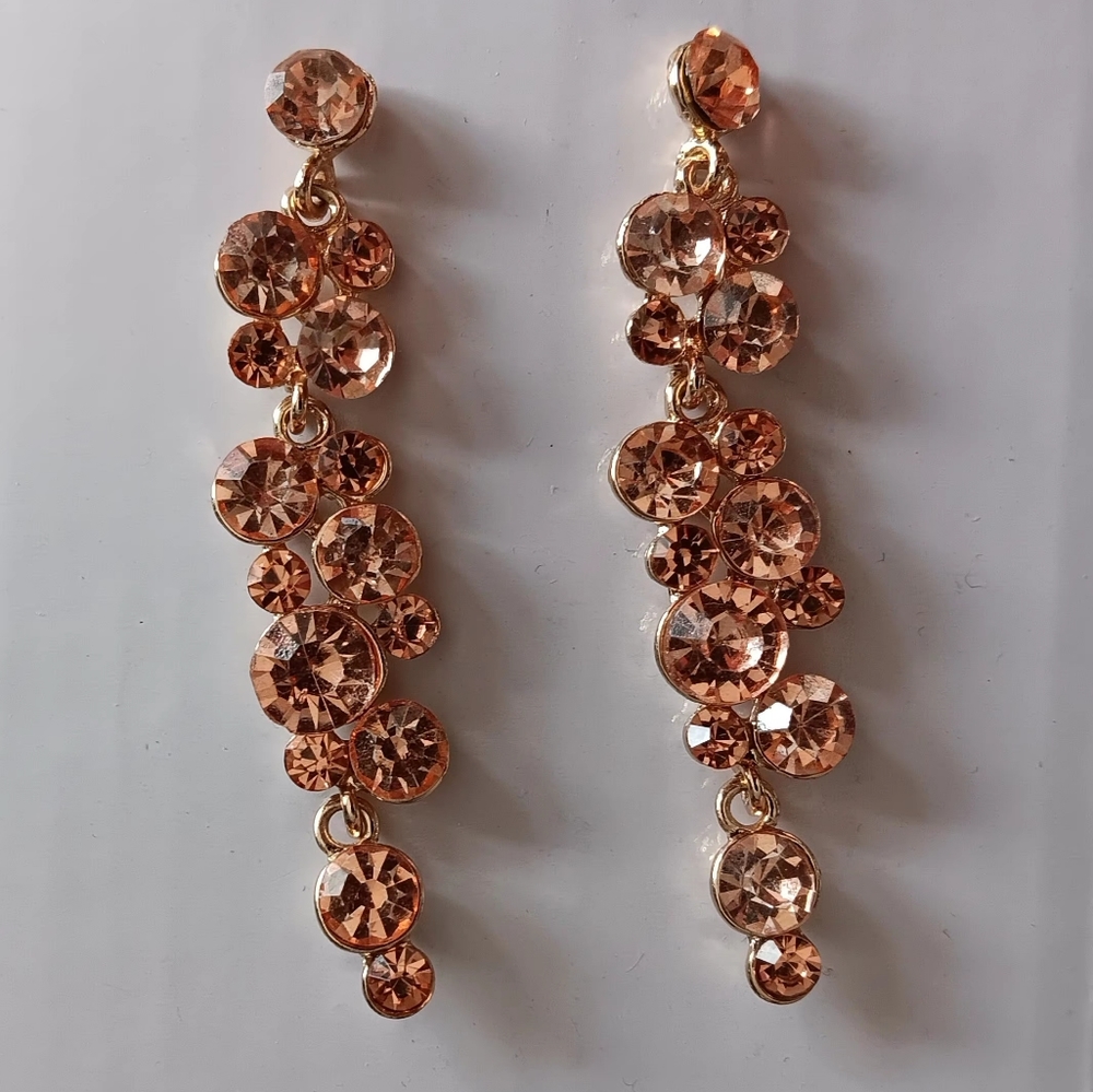 Rose Gold & Pink Faux Diamonds Dangly Earrings, Post Back, 2.5" Length - Picture 3 of 6